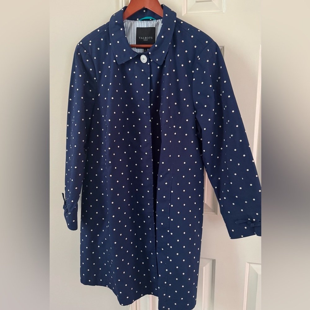 Talbots raincoat, navy blue with white polka dots